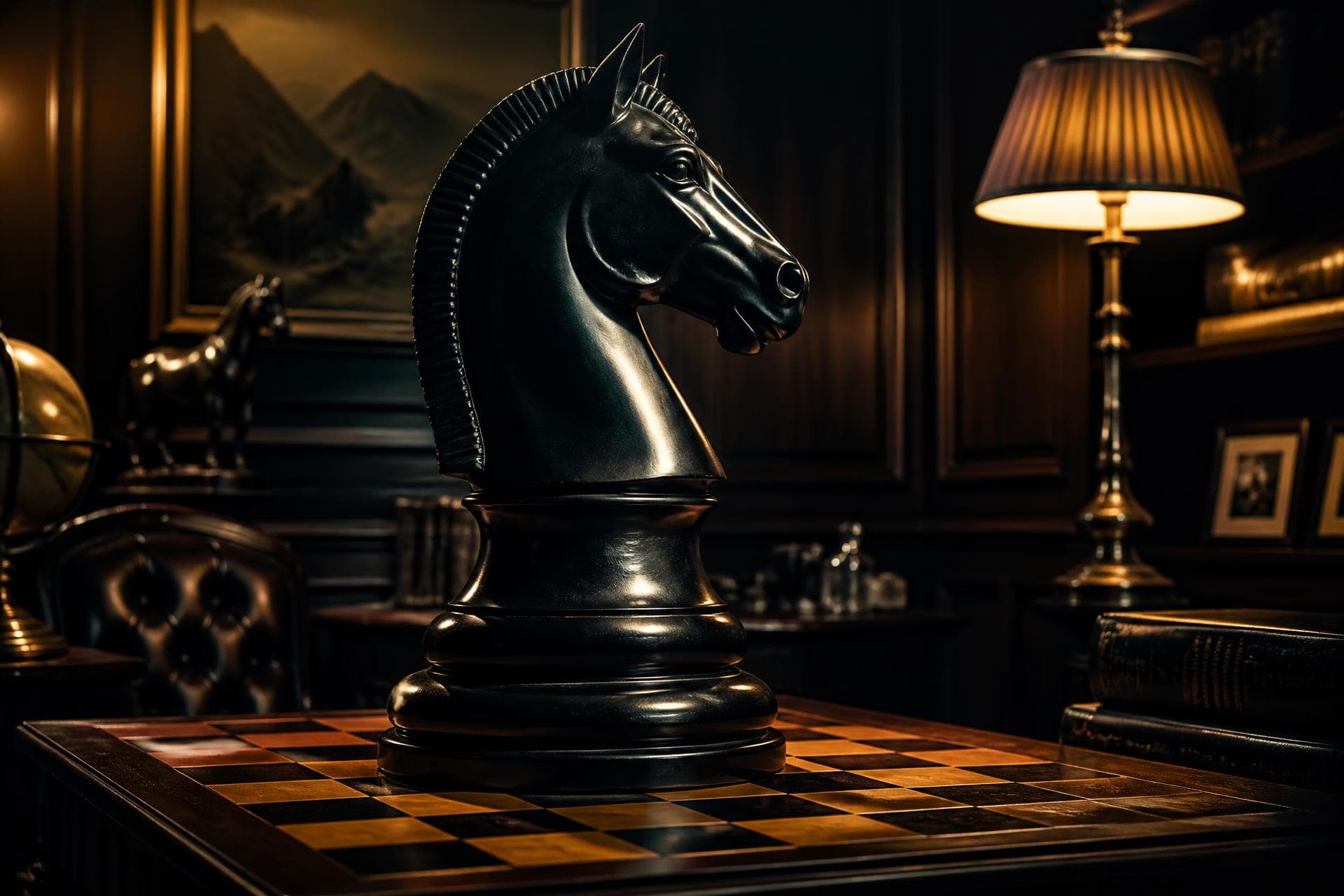 A black chess knight standing on a board in a dark study
